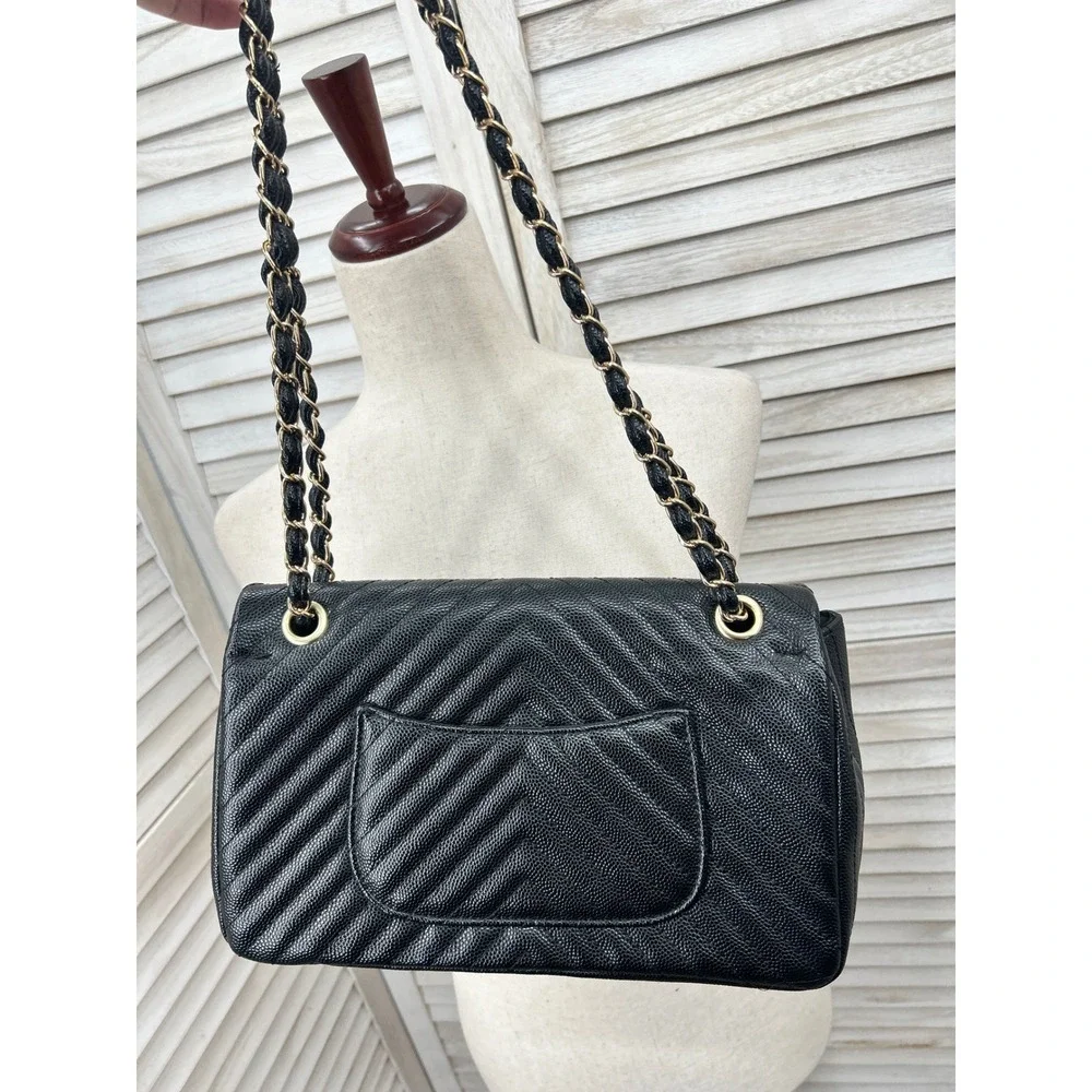 Black Quilted Flap Bag Large Purse Convertible Chevron Minimalist lux